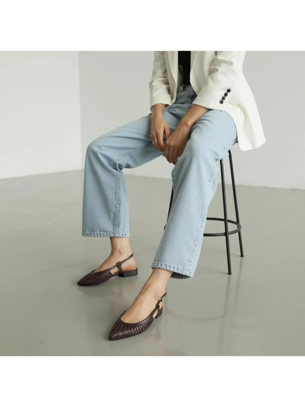 Women's Dark Brown Slingback Flats Pointed Toe Classic Sandals Buckle Shoes